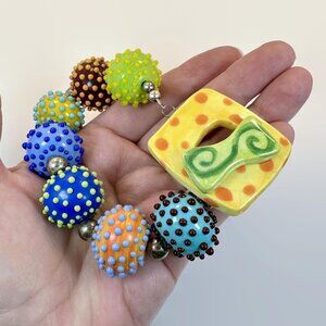 Glass Bead Bracelet, Lamp Work, Dotted, Rainbow, Art Glass, Blue, Orange, Yellow
